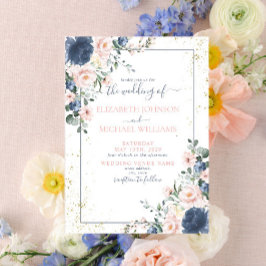 Invitación Boda floral dorado rosa Rubor azul turbio claro