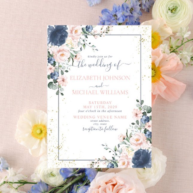 Invitación Boda floral dorado rosa Rubor azul turbio claro (Love Blooms Here)