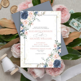 Invitación Boda floral dorado rosa Rubor azul turbio claro