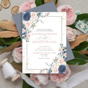 Invitación Boda floral dorado rosa Rubor azul turbio claro
