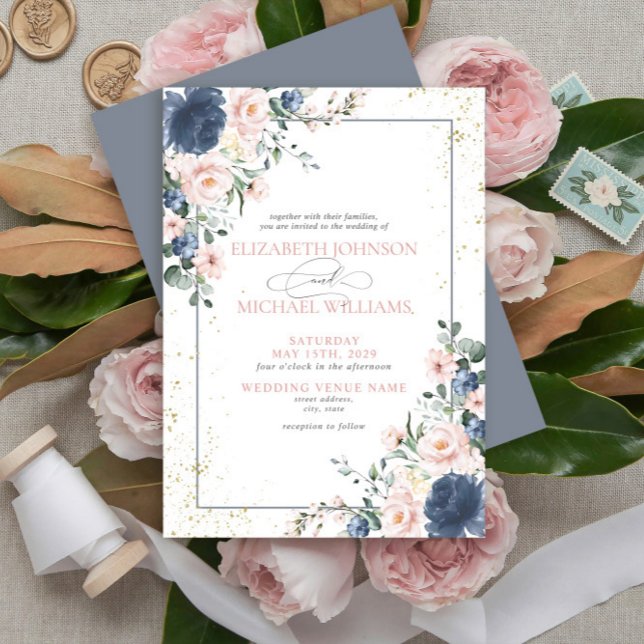Invitación Boda floral dorado rosa Rubor azul turbio claro (Subido por el creador)