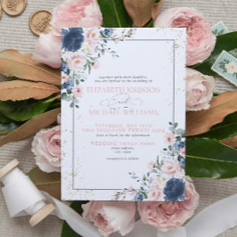Invitación Boda floral dorado rosa Rubor azul turbio claro