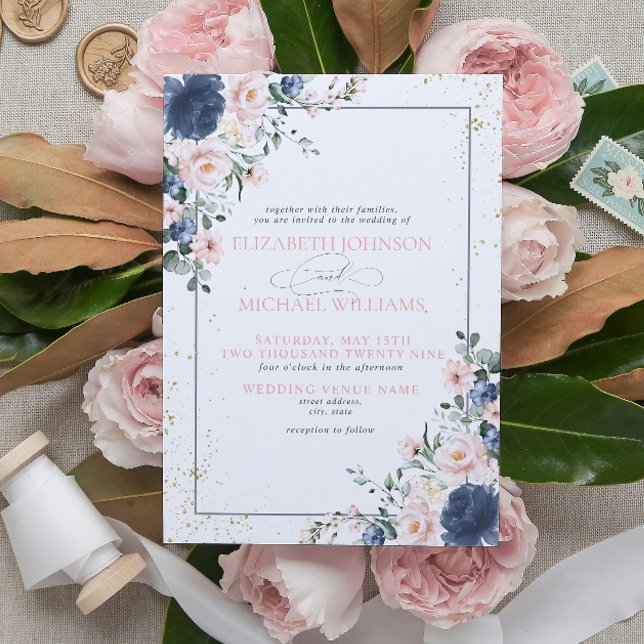 Invitación Boda floral dorado rosa Rubor azul turbio claro (Subido por el creador)