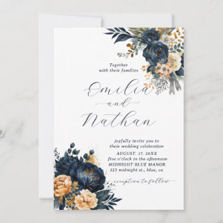 Invitación Boda floral dorado y azul medianoche