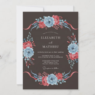 Invitación Boda Floral Dramática Azul Pizarra
