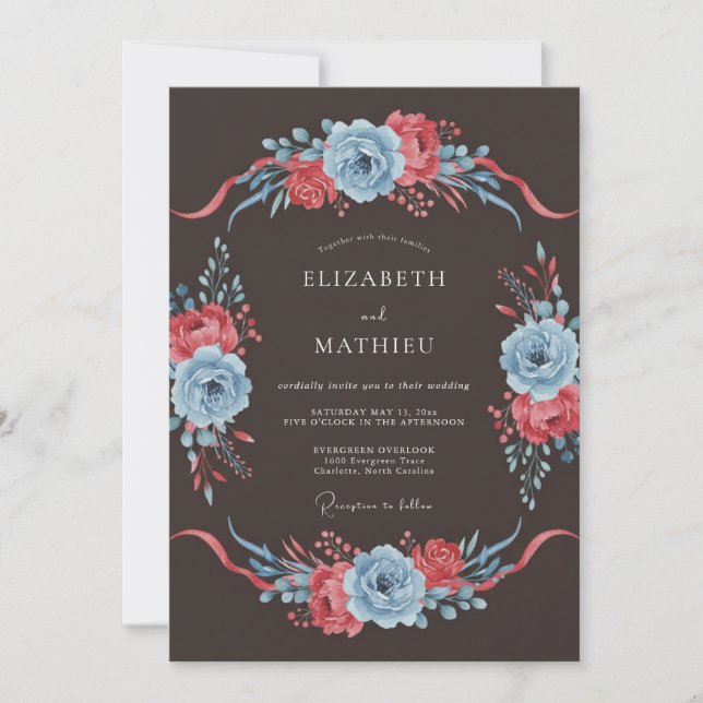 Invitación Boda Floral Dramática Azul Pizarra (Anverso)