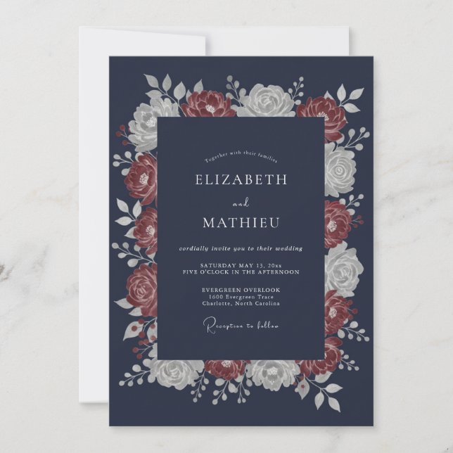 Invitación Boda floral dramática de azul marino (Anverso)
