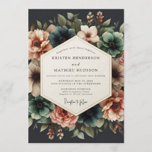 Invitación Boda floral dramática de azul verdoso y coral