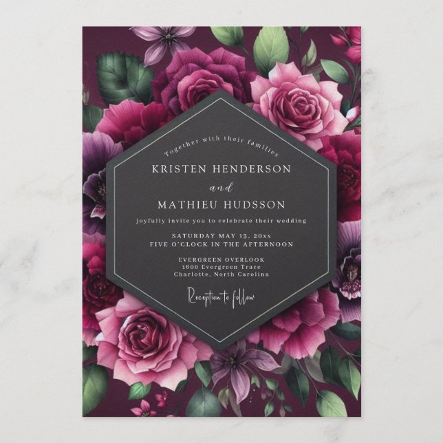 Invitación Boda floral dramática de ciruela (Anverso)