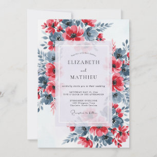 Invitación Boda floral dramática de pizarra azul y rojo