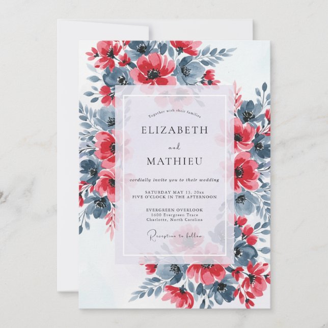 Invitación Boda floral dramática de pizarra azul y rojo (Anverso)