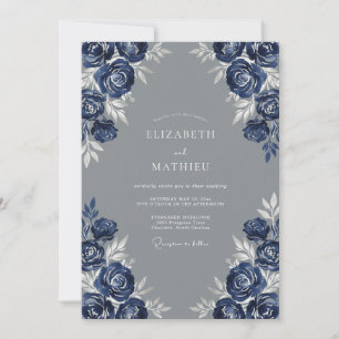 Invitación Boda Floral Dramática Índigo