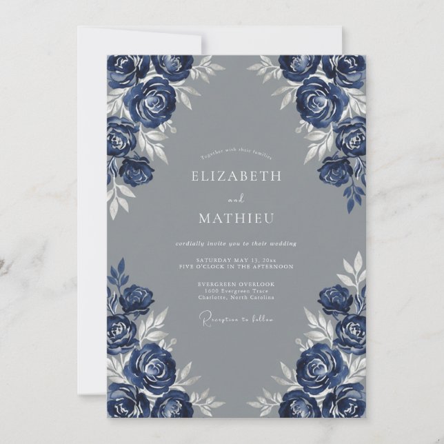 Invitación Boda Floral Dramática Índigo (Anverso)