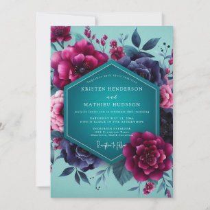 Invitación Boda Floral Dramática Teal Magenta