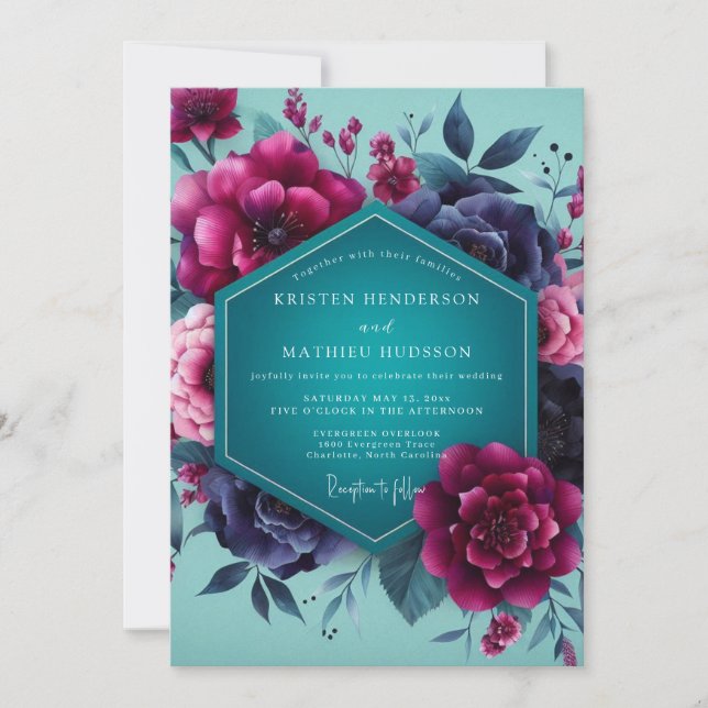 Invitación Boda Floral Dramática Teal Magenta (Anverso)