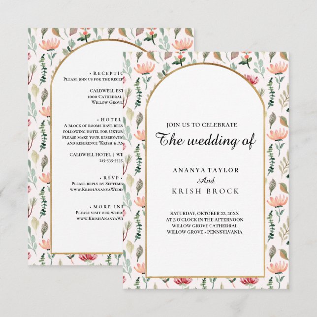 Invitación Boda floral dulce y rosa (Anverso / Reverso)