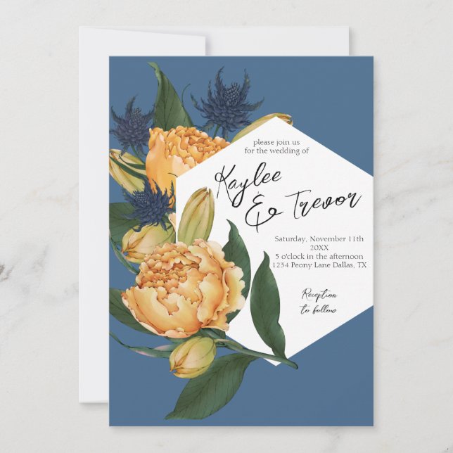 Invitación Boda Floral Dusty Azul y Naranja (Anverso)