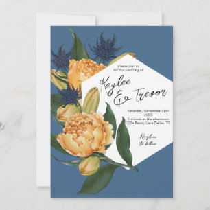 Invitación Boda Floral Dusty Azul y Naranja