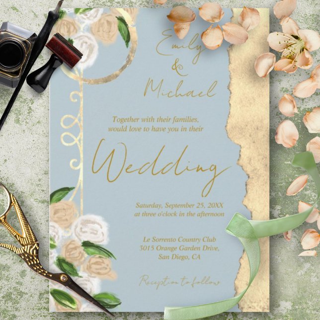 Invitación Boda floral Dusty Blue and Gold Rustic Boho (Subido por el creador)