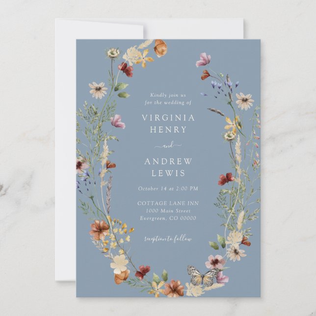 Invitación Boda Floral Dusty Blue Boho (Anverso)