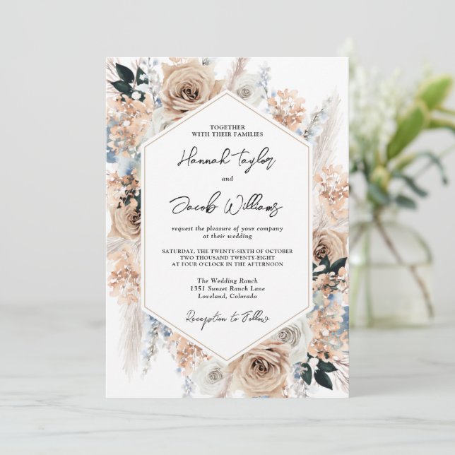 Invitación Boda floral Dusty Blue Champagne (Anverso de pie)