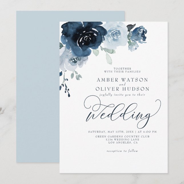 Invitación Boda Floral Dusty Blue Dark Navy Blue Boho (Anverso / Reverso)