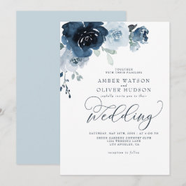 Invitación Boda Floral Dusty Blue Dark Navy Blue Boho