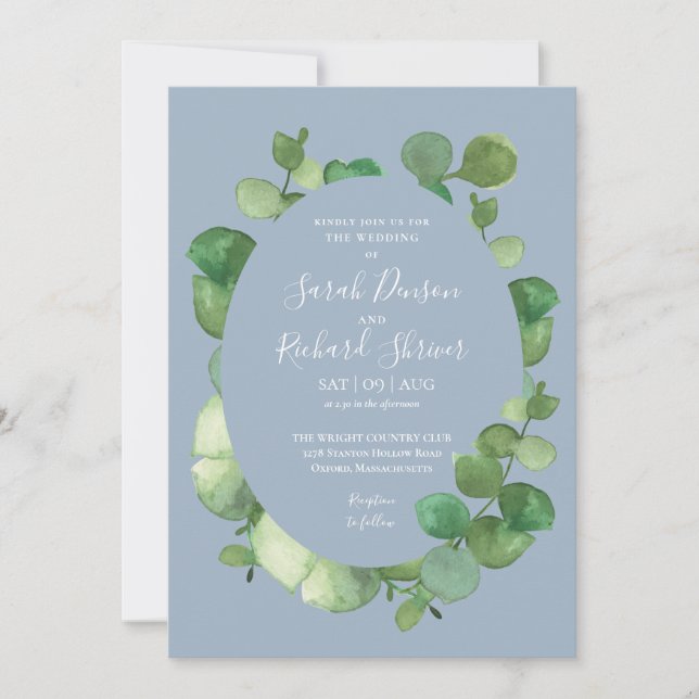 Invitación Boda floral Dusty Blue Eucalyptus Greenery (Anverso)