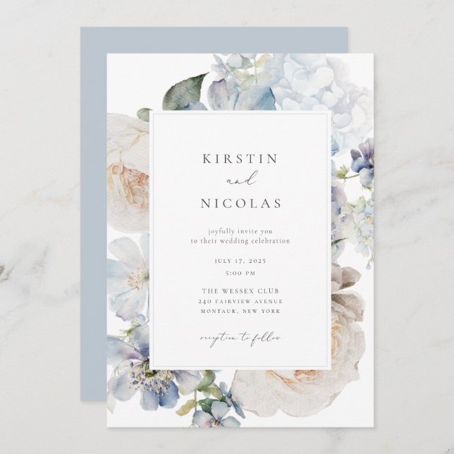 Invitación Boda Floral Dusty Blue Garden (Anverso / Reverso)