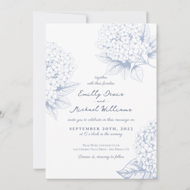 Invitación Boda floral Dusty Blue Hydrangea (Anverso)