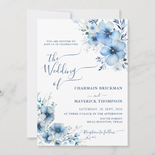 Invitación Boda floral Dusty Blue moderno (Anverso)