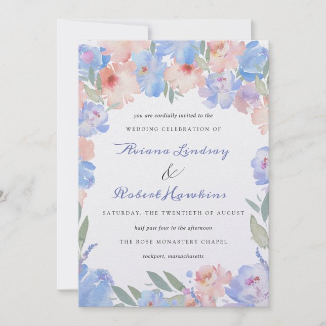 Invitación Boda Floral Dusty Blue Pink (Anverso)