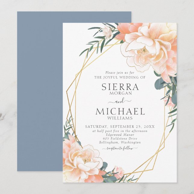 Invitación Boda floral Dusty Blue Rubor Gold Peach (Anverso / Reverso)