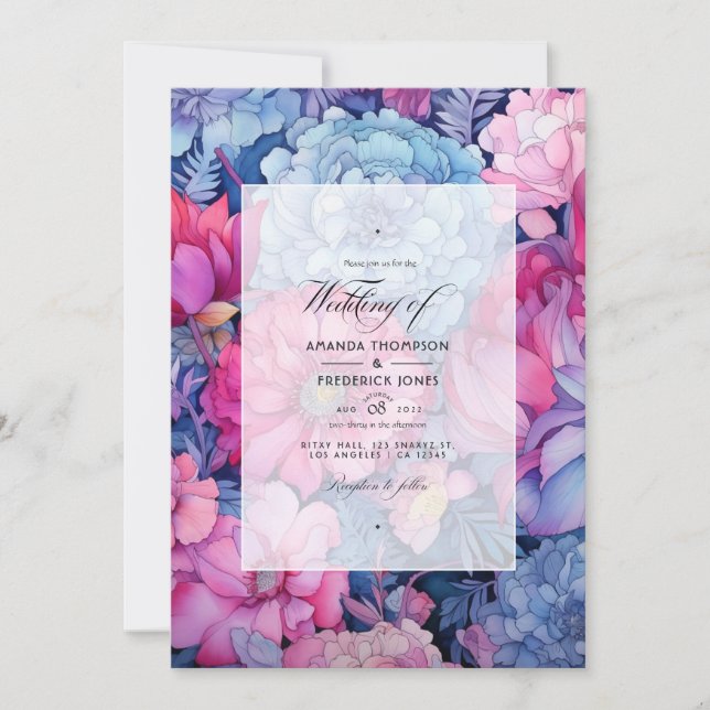 Invitación Boda Floral Dusty Blue y Fuchsia (Anverso)