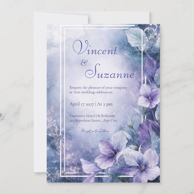Invitación Boda Floral Dusty Blue y Lavender (Anverso)