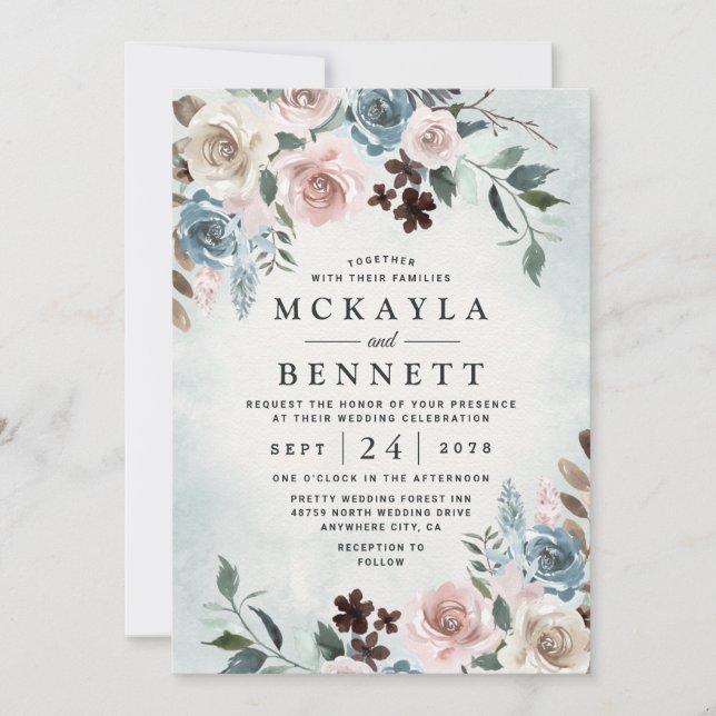 Invitación Boda floral Dusty Blue y Rubor Pink Mauve (Anverso)