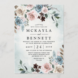 Invitación Boda floral Dusty Blue y Rubor Pink Mauve
