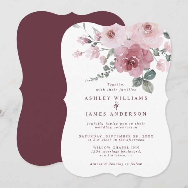 Invitación Boda Floral Dusty Rosa Rosa Borgoña (Anverso / Reverso)