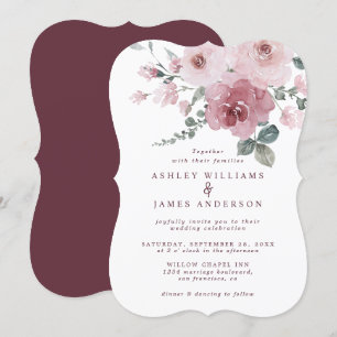 Invitación Boda Floral Dusty Rosa Rosa Borgoña