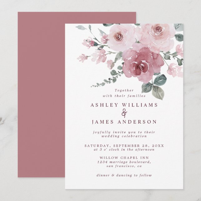 Invitación Boda Floral Dusty Rosa Rosa Borgoña (Anverso / Reverso)