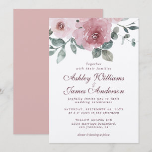 Invitación Boda Floral Dusty Rosa Rosa Borgoña