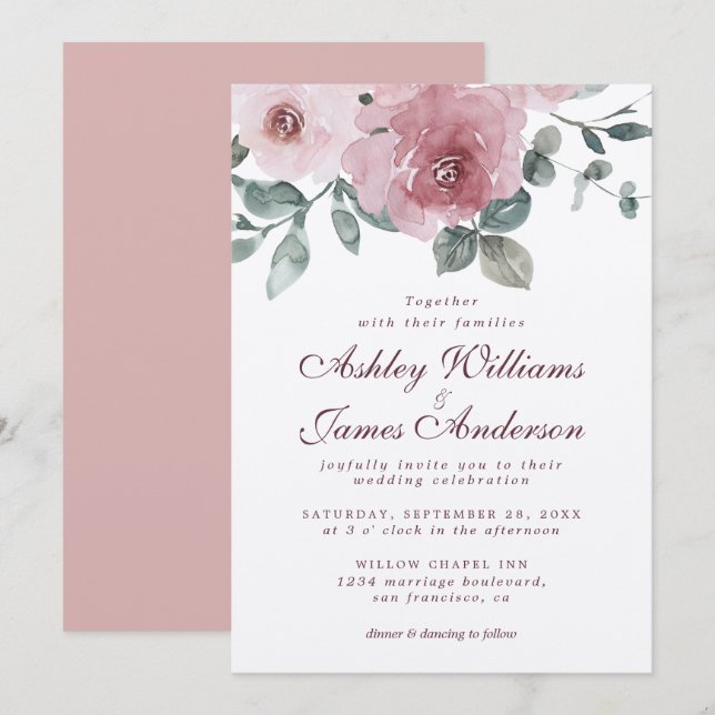 Invitación Boda Floral Dusty Rosa Rosa Borgoña (Anverso / Reverso)