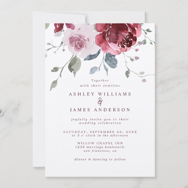Invitación Boda Floral Dusty Rosa Rosa Borgoña (Anverso)