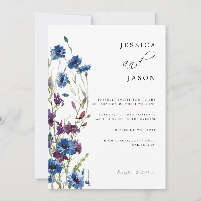 Invitación Boda floral Dusty Royal Blue Purple Bloom (Anverso)