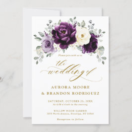 Invitación Boda Floral Eggplant Purple Plum Marfil Gold