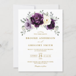 Invitación Boda Floral Eggplant Purple Plum Marfil Gold