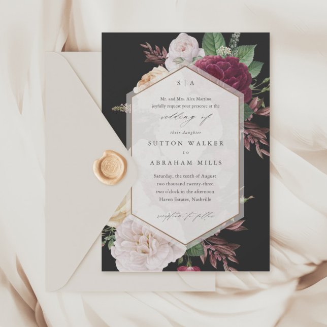 Invitación Boda floral elegante (Vintage floral bouquet black wedding invitations.)