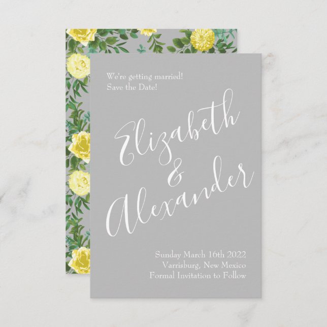 Invitación Boda floral elegante amarillo y gris (Anverso / Reverso)