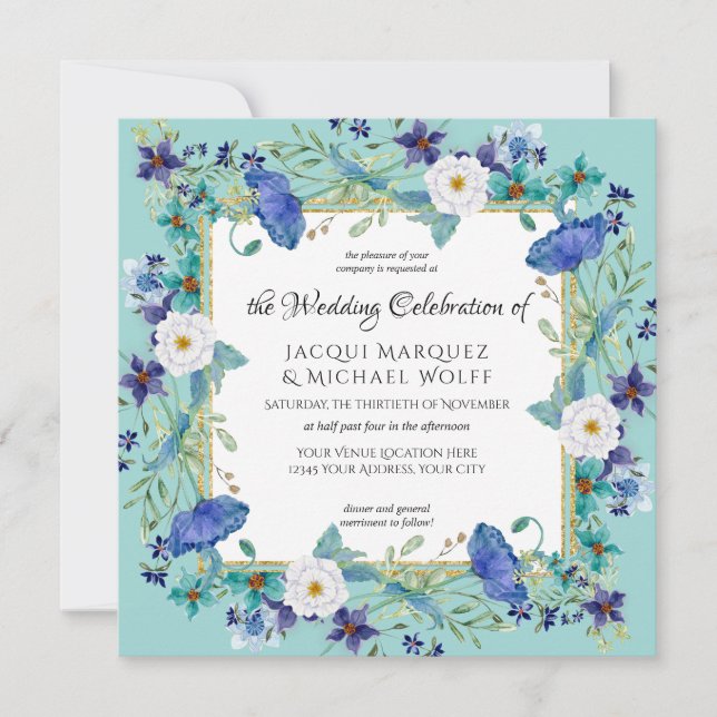 Invitación Boda Floral elegante Aqua Blue n Gold (Anverso)