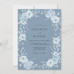 Invitación Boda floral elegante azul acero
